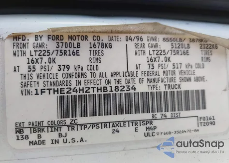 1996 Ford Econoline E250 Van from USA, damaged, VIN 1FTHE24H2THB18234